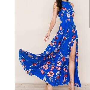 Yumi Kim Maxi Dress Sweet Escape Dream Silk Floral Boho Halter Boho Blue Size S
